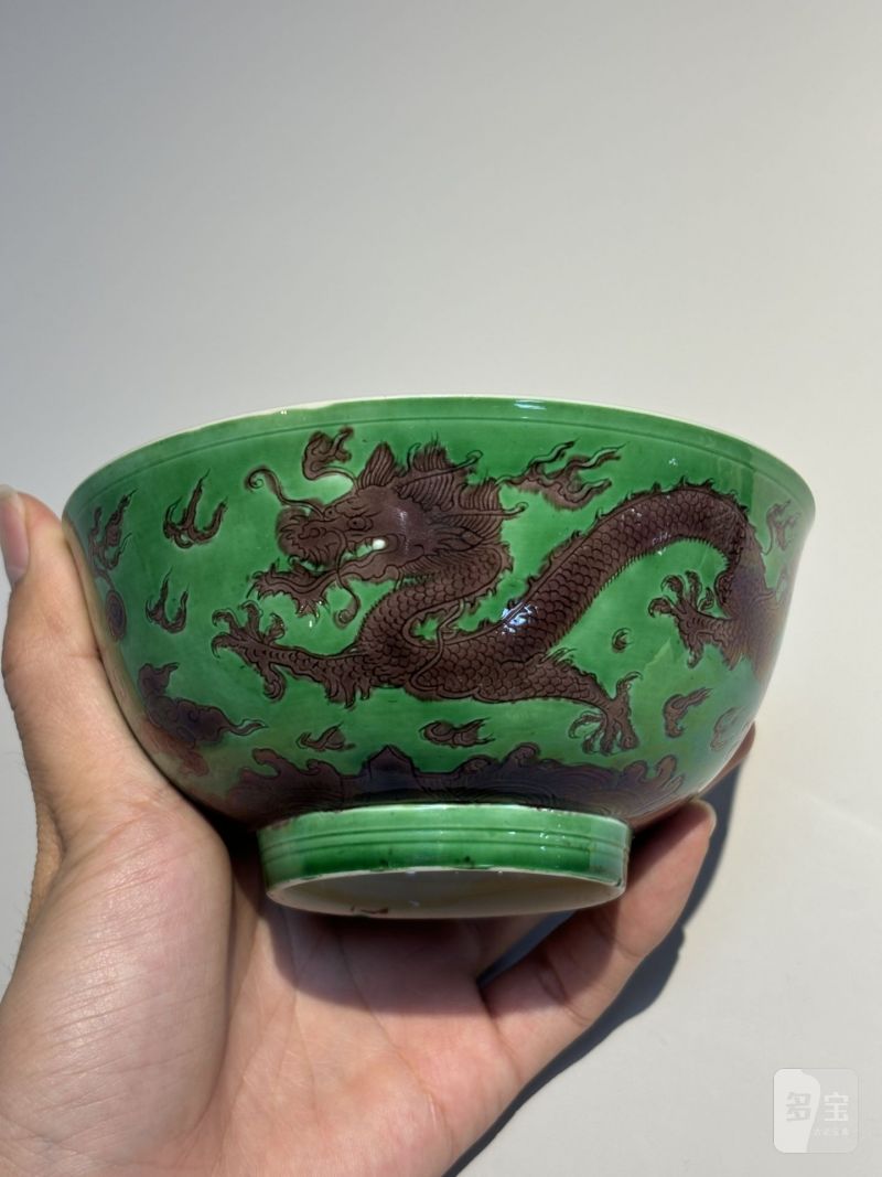    清康熙 绿地紫彩龙纹碗 - 图5